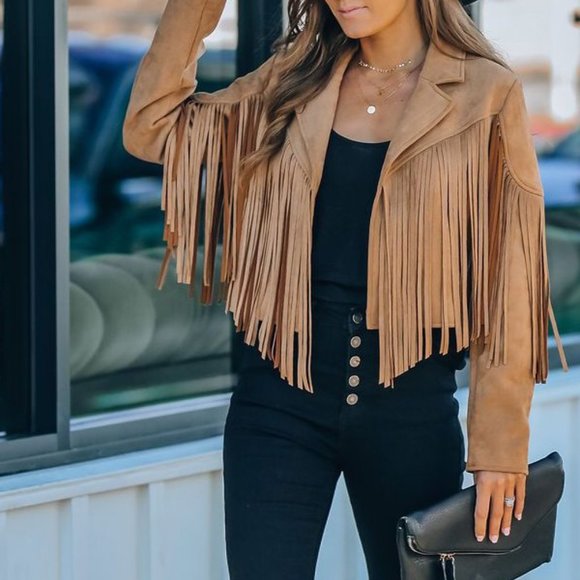BEST SELLER NWT TAN Western Boho Fringed Faux Suede Jacket RODEO OOTD - Picture 3 of 6